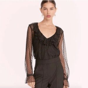 J Crew black sheer sleeve, clip dot ruffle blouse w/removable camisole, size S